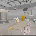 Bright Modern Restaurant Interior With Colorful Seating Cloud Shaped Decor And Hanging Lights