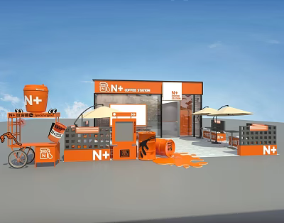 Orange Themed N+ Plus Station Outdoor Setup With Tools Construction Materials Umbrellas And Tables 3d model