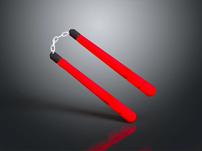 Red Nunchucks as Daily Life Supplies with Black Grip Handles and Chain Link 3d model