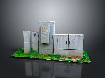 Outdoor Electrical Equipment Metal Control Boxes With Doors And Labels On Grass Base 3d model