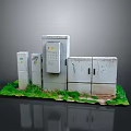 Outdoor Electrical Equipment Metal Control Boxes With Doors And Labels On Grass Base