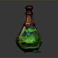 Decorative Green Yellow Glass Bottle With Brown Wooden Stopper And Glowing Vine Patterns