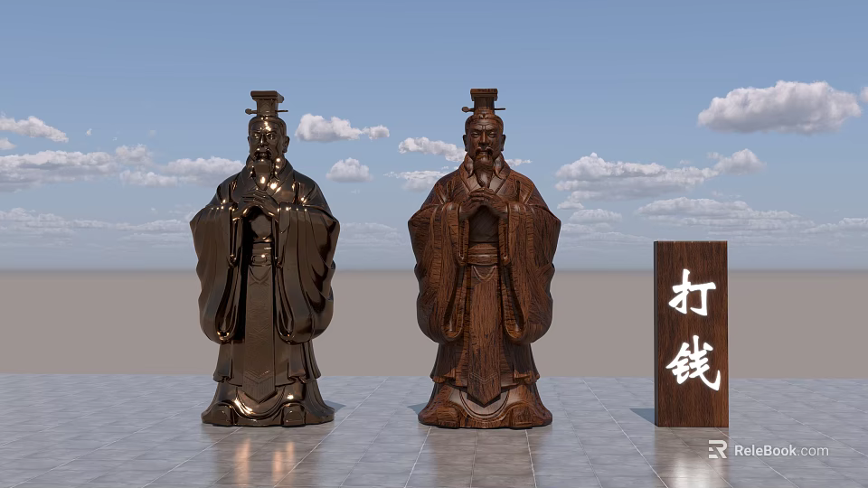 Ancient Figure Sculpture Carving Two Bronze Statues In Traditional Robes Standing Against Blue Sky 3d model