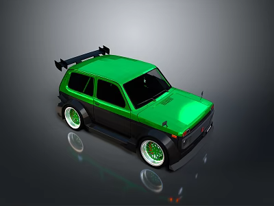 Green Small Sporty Car Featuring Black Accents Green Wheels And Roof Spoiler 3d model