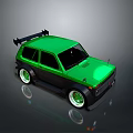Green Small Sporty Car Featuring Black Accents Green Wheels And Roof Spoiler