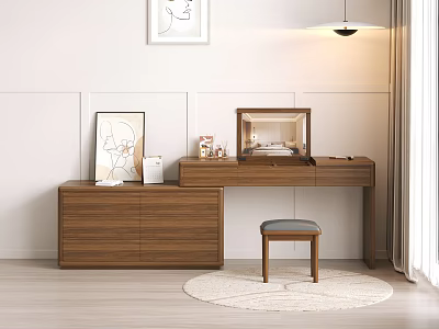 Elegant Wooden Dressing Table With Mirror Drawers Stool Pendant Light And White Wall 3d model