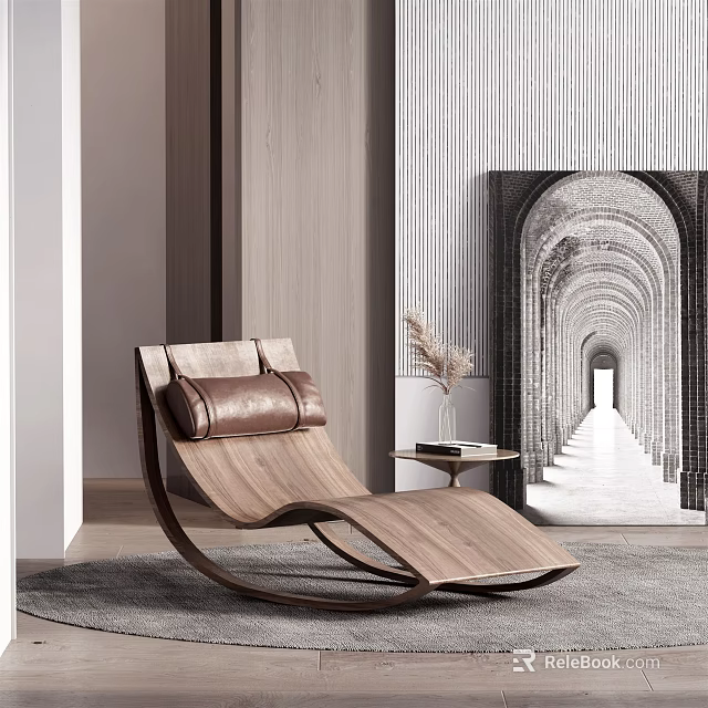 Modern Wooden Frame Leather Cushion Lounge Chair with Gray Rug Side Table Dried Flowers 3d model 