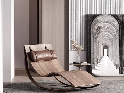 Modern Wooden Frame Leather Cushion Lounge Chair with Gray Rug Side Table Dried Flowers 3d model