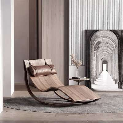 Modern Wooden Frame Leather Cushion Lounge Chair with Gray Rug Side Table Dried Flowers 3d model