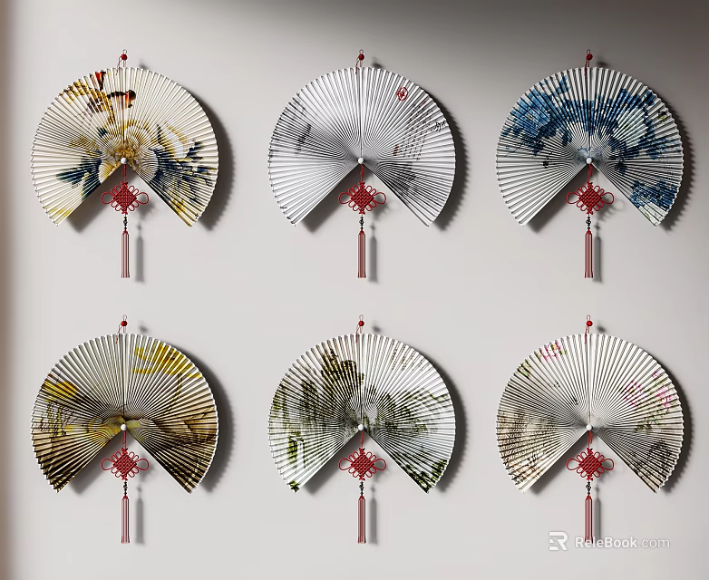 Traditional Chinese Decorative Fan Wall Hangings With Various Patterns And Red Tassels 3d model 