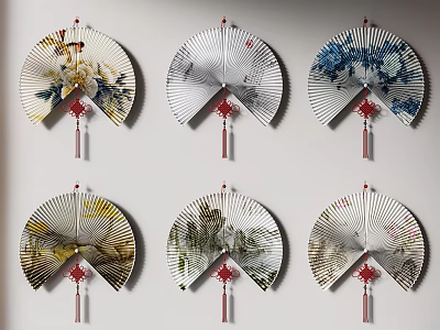 Traditional Chinese Decorative Fan Wall Hangings With Various Patterns And Red Tassels 3d model