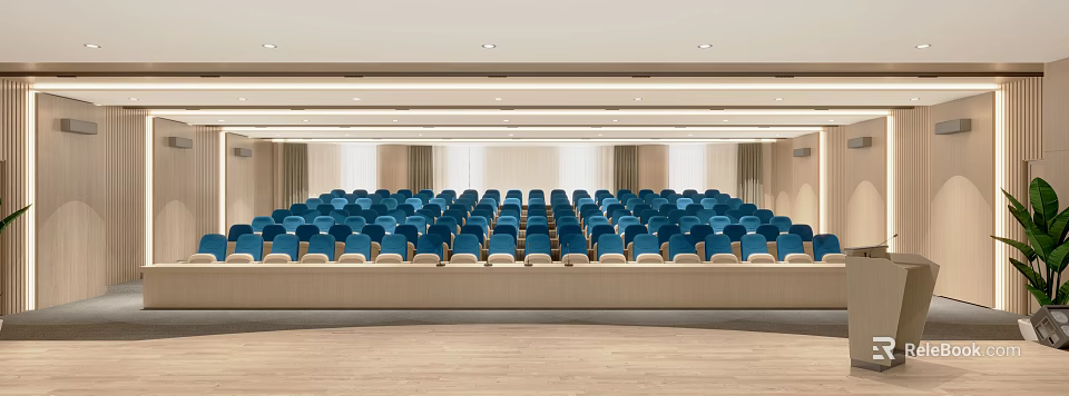 Modern Conference Room Interior With Neatly Arranged Blue Seats And Wooden Floor 3d model 