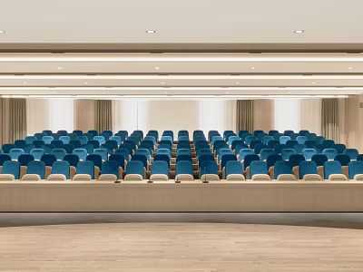 Modern Conference Room Interior With Neatly Arranged Blue Seats And Wooden Floor 3d model
