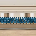 Modern Conference Room Interior With Neatly Arranged Blue Seats And Wooden Floor