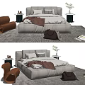 Modern Double Bed Interior With Gray Bedding Brown Leather Chair Potted Plant And Rug