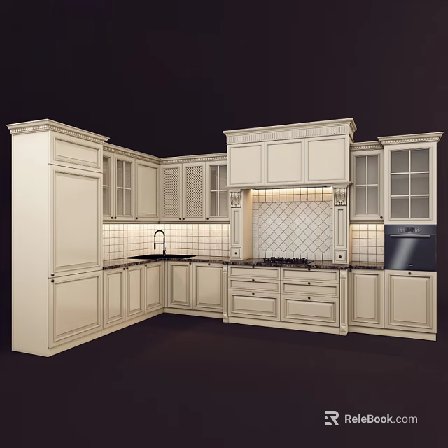 Classic Kitchen Interior With Light Colored Cabinets Glass Front Doors And Tile Backsplash 3d model 