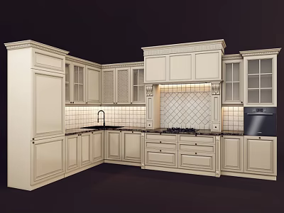 Classic Kitchen Interior With Light Colored Cabinets Glass Front Doors And Tile Backsplash 3d model