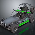 Gray Off Road Dune Buggy With Green Accents Large Tires And Open Frame