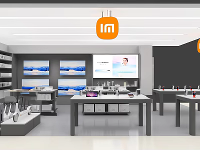 Modern Shopping Mall Retail Store With IM Logo Electronics Display Tables Shelves And Large Screen 3d model