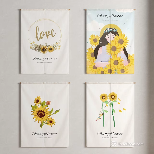 Decorative Sunflower Curtains with Love Design and SunFlower Text Patterns 3d model 