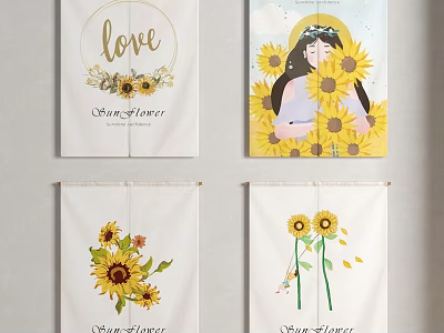 Decorative Sunflower Curtains with Love Design and SunFlower Text Patterns 3d model