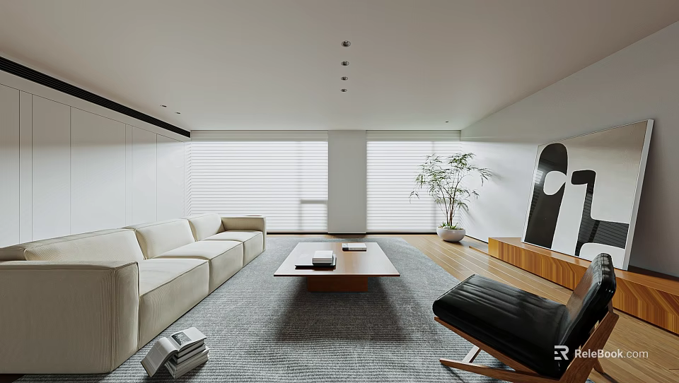 Minimalist Living And Dining Room With Light Sofa Wooden Coffee Table And Gray Rug 3d model 
