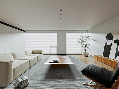 Minimalist Living And Dining Room With Light Sofa Wooden Coffee Table And Gray Rug 3d model