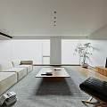 Minimalist Living And Dining Room With Light Sofa Wooden Coffee Table And Gray Rug