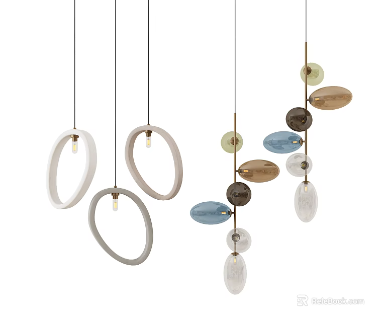 Modern Pendant Chandeliers With Circular Frames Colored Glass And Hanging Elements 3d model