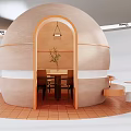 Modern Circular Private Dining Pod With Beige Exterior Arched Entrance And Dining Table