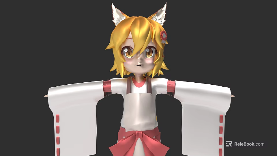 Anime Style Game Character With Blonde Hair Fox Ears And White Kimono Red Bow 3d model 
