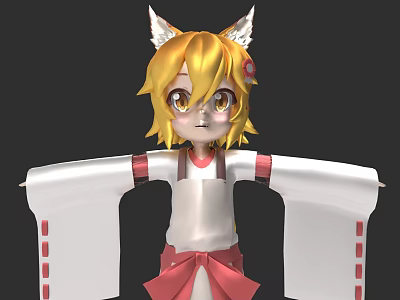 Anime Style Game Character With Blonde Hair Fox Ears And White Kimono Red Bow 3d model