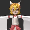 Anime Style Game Character With Blonde Hair Fox Ears And White Kimono Red Bow