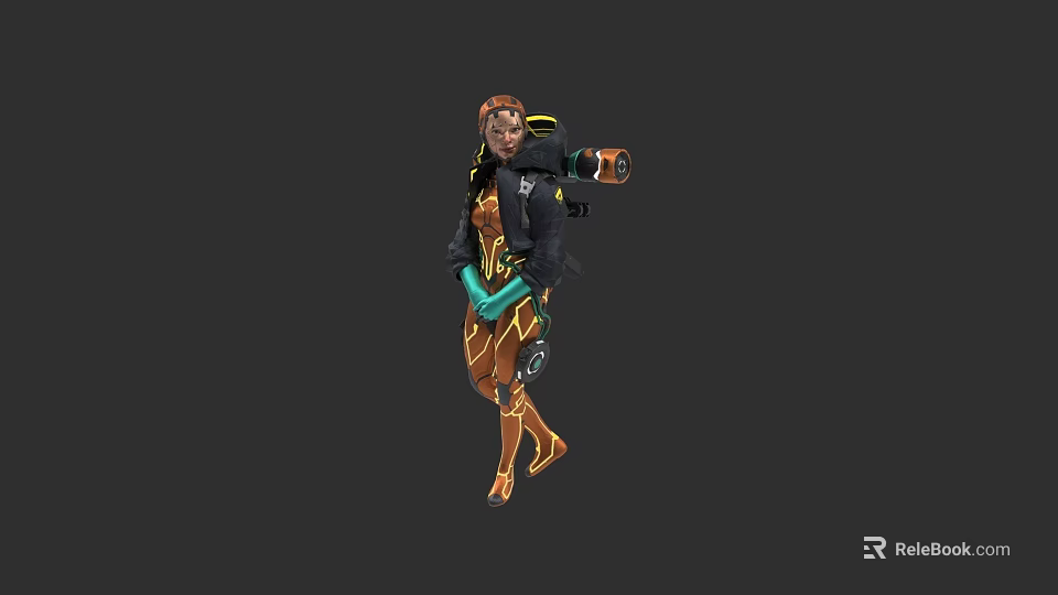 Woman In Orange And Black Cybernetic Outfit Holding Sci Fi Weapon 3d model 
