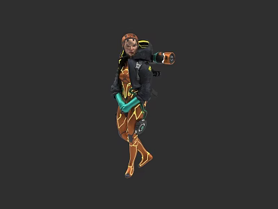 Woman In Orange And Black Cybernetic Outfit Holding Sci Fi Weapon 3d model