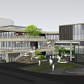 Modern Commercial Street With Multi Level Buildings Open Space Green Trees Storefronts And Pedestrians