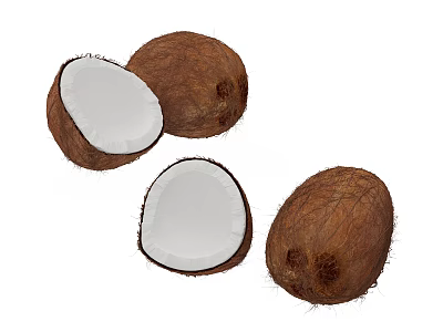 Fresh Whole and Halved Coconuts Showing White Flesh on White Background 3d model