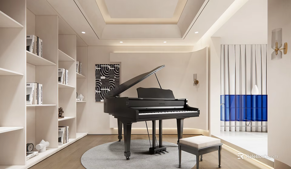 Modern Piano Room Interior With Grand Piano Stool And Bookshelves 3d model 