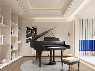 Modern Piano Room Interior With Grand Piano Stool And Bookshelves 3d model