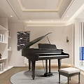 Modern Piano Room Interior With Grand Piano Stool And Bookshelves