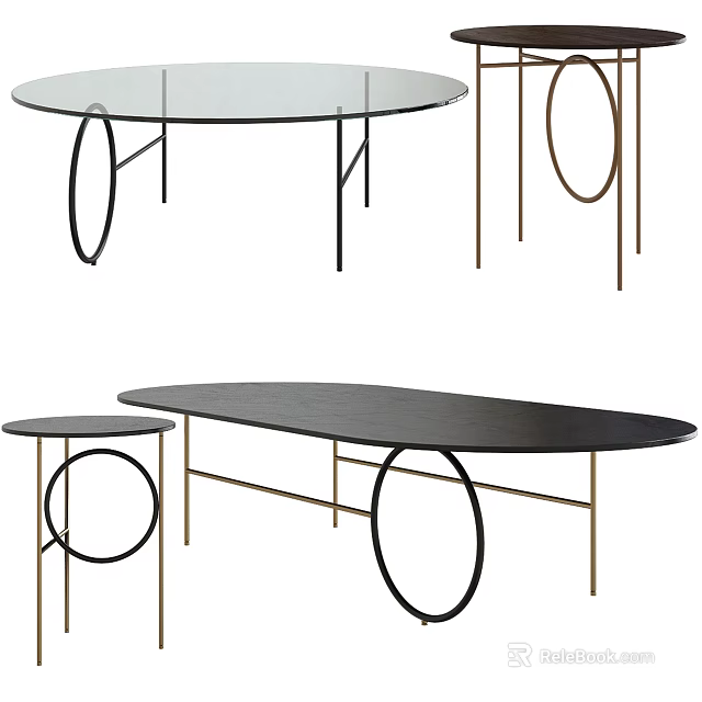 Modern Coffee Table With Metal Frame Glass Top And Oval Round Shapes 3d model 