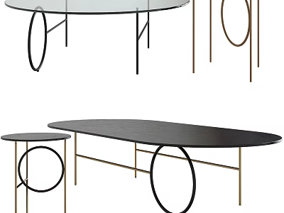 Modern Coffee Table With Metal Frame Glass Top And Oval Round Shapes 3d model