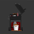 Grilled Sausages and Carrot Sticks on Outdoor BBQ Grill with Condiment Bottles and Snack Bucket
