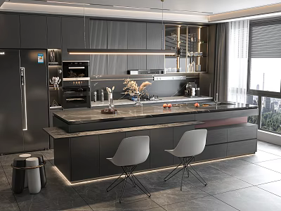 Modern Kitchen Interior Design With Black Cabinets Marble Island White Chairs And Appliances 3d model