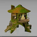 Enchanting Treehouse Architecture With Green Roof Orange Tiles Balcony Vines And Lit Windows