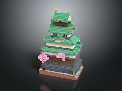 Block Built Japanese Tower Building With Green Roof And Pink Cherry Blossom Decorations 3d model