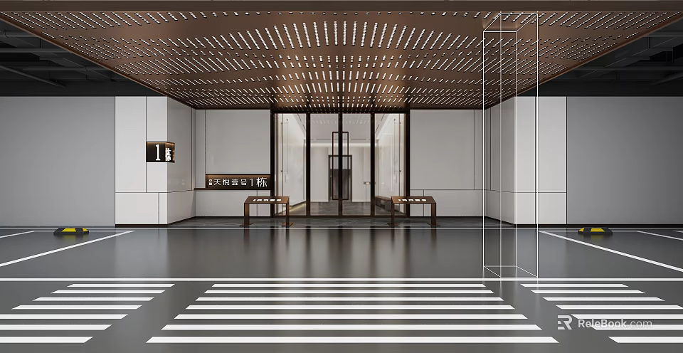 Modern Entrance Hall With Wooden Grid Ceiling White Walls Symmetric Reception Desks And Striped Flooring 3d model 