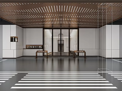 Modern Entrance Hall With Wooden Grid Ceiling White Walls Symmetric Reception Desks And Striped Flooring 3d model