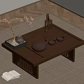 Traditional Tea Set on Wooden Table with Teapot Small Cups Pink Flowers and Woven Mat