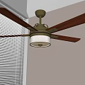 Modern Ceiling Fan Light With Wooden Blades And Ceiling Mount Near Window Blinds